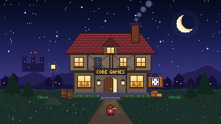 Pixel-art illustration of a cozy, inn-style game shop at night with a CORE GAMES sign over the door. This is an illustration, not a photo of the actual store.